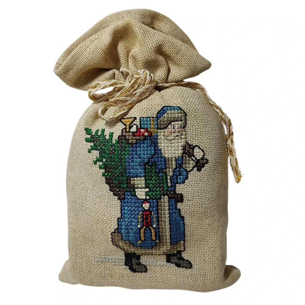 Finished Counted Cross Stitch Christmas Gift Bag Decorative Santa Claus Ten Inch